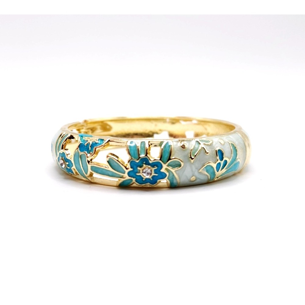 Blue Floral Enamel Bangle Gold Rhinestone Bracelet